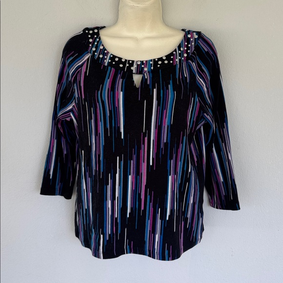 Rafaella purple stripe beaded keyhole neckline 3/4 sleeve cotton top size MP - Picture 2 of 11